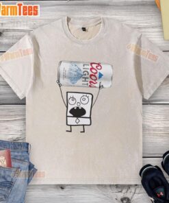Alt Text: Funny Doodlebob character holding a Coors Light can on a washed T-shirt design, perfect for humor and casual wear.