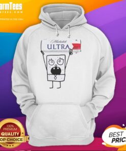 Funny Doodlebob character holding a Michelob Ultra beer can, wearing a cozy hoodie, perfect for beer lovers and meme enthusiasts.