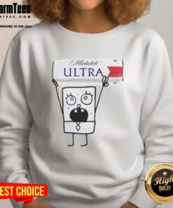 Funny Doodlebob holding a Michelob Ultra Superior Light Lager beer can on a cozy sweatshirt design.