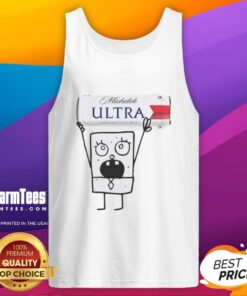 Alt Text: Funny Doodlebob character wearing a tank top, holding a Michelob Ultra Superior Light Lager beer can.