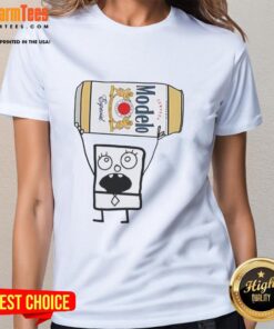 Funny Doodlebob holding a Modelo Especial beer can on a ladies' tee, perfect for casual and humorous outfits.