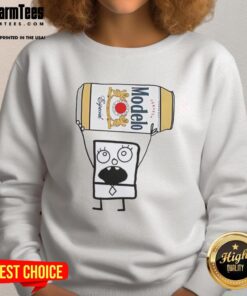 Alt Text: Funny Doodlebob holding a Modelo Especial beer can on a stylish sweatshirt, perfect for casual wear and humor lovers.