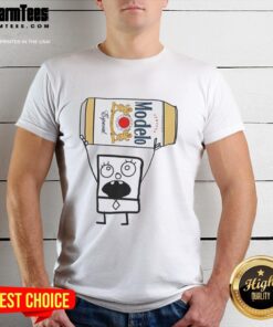 Alt Text: Funny Doodlebob holding a Modelo Especial beer can on a vibrant t-shirt design, perfect for casual outings.