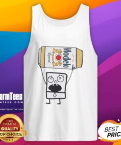 Funny Doodlebob holding a Modelo Especial beer can while wearing a tank top, perfect for humor and beer lovers.