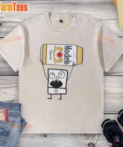 Funny Doodlebob holding a Modelo Especial beer can while wearing a washed T-shirt, showcasing a playful and humorous vibe.