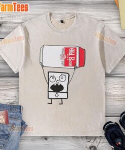 Funny Doodlebob holding an Old Row beer can while wearing a washed t-shirt, perfect for humor and meme lovers.