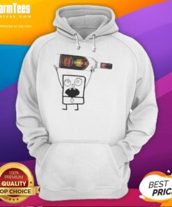 Funny Doodlebob holding a Rumple Minze Peppermint Schnapps can in a cozy hoodie, perfect for holiday cheer and humor.
