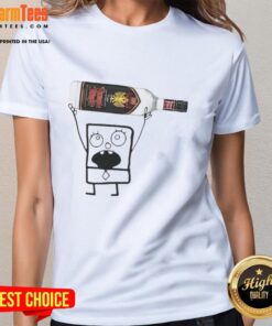 Funny Doodlebob holding a Rumple Minze Peppermint Schnapps can on a ladies tee, perfect for festive celebrations.