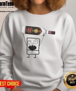 Funny Doodlebob holding a Rumple Minze Peppermint Schnapps can on a cozy sweatshirt, perfect for festive gatherings.