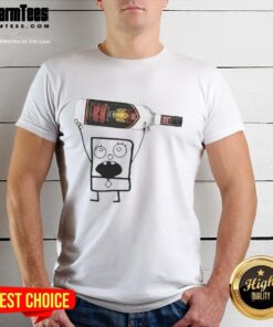 Funny Doodlebob holding Rumple Minze Peppermint Schnapps can on a T-shirt, perfect for party enthusiasts and cartoon fans.