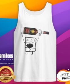 Funny Doodlebob wearing a tank top, humorously holding a Rumple Minze Peppermint Schnapps can in a playful scene.