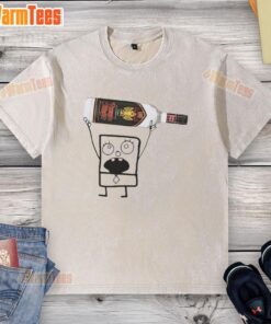 Funny Doodlebob holding a Rumple Minze Peppermint Schnapps can on a washed T-shirt, showcasing a quirky, playful design.