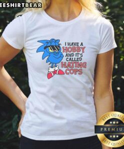 Funny 'I Have A Hobby Called Hating Cops' tee featuring Garfield and Sonic, perfect for casual wear and expressing humor.