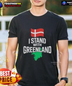 Alt Text: Funny 'I Stand With Greenland' T-shirt design supporting Denmark, featuring bold text and playful graphics.
