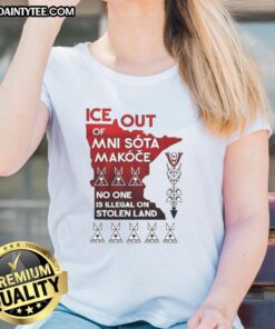 Funny Ice Out Mni Sota Makoce tee for ladies, featuring 'No One Is Illegal on Stolen Land' graphic design.