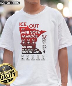 Funny Ice Out Mni Sota Makoce T-Shirt design featuring 'No One Is Illegal On Stolen Land' message, promoting awareness.