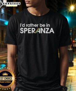 Alt Text: Funny I'd Rather Be In Speranza Arc Raiders logo T-shirt showcasing a playful design for fans and gamers.