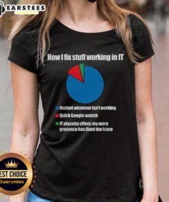 Funny IT tech support pie chart graphic on a ladies tee, showcasing humorous technology themes and support scenarios.