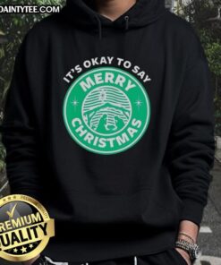 Funny 'It's Okay to Say Merry Christmas' logo hoodie, perfect for spreading holiday cheer and festive spirit.