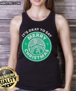 Funny 'It's Okay to Say Merry Christmas' logo tank top design, perfect for holiday celebrations and festive wear.