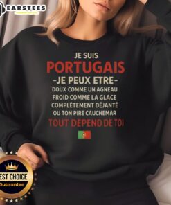 Funny Je Suis Portugais quote sweatshirt with vibrant design, perfect for proud Portuguese humor and casual style.