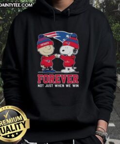 Funny New England Patriots X Charlie Brown hoodie featuring Snoopy with 'Forever Not Just When We Win' slogan.