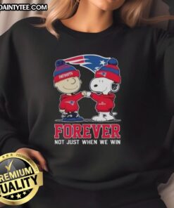Alt Text: Funny New England Patriots x Charlie Brown sweatshirt featuring Snoopy with 'Forever, Not Just When We Win' slogan.