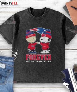 Funny New England Patriots X Charlie Brown Vs Snoopy t-shirt design with 'Forever Not Just When We Win' slogan.