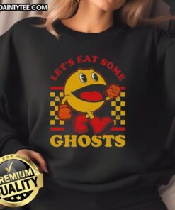 Funny Pacman sweatshirt featuring Pacman and ghosts, perfect for gamers who love retro arcade style.