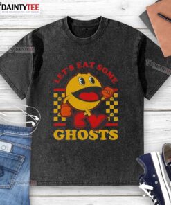 Alt Text: Funny Pacman Let's Eat Some Ghosts graphic on a washed t-shirt, perfect for retro gaming fans.