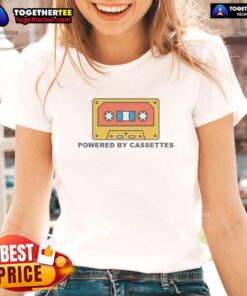 Funny Powered By Cassettes Ladies Tee featuring a vibrant cassette graphic on a stylish women's t-shirt.
