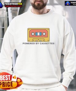 Alt Text: Funny Powered By Cassettes Sweatshirt featuring a playful cassette graphic, perfect for retro music lovers and casual wear.
