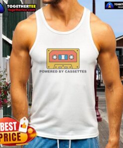 Funny Powered By Cassettes Tank Top featuring retro cassette tape graphics, perfect for music lovers and vintage enthusiasts.