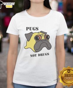 Funny Pugs Not Drugs ladies tee featuring cute pugs and a playful message, perfect for pug lovers and casual wear.