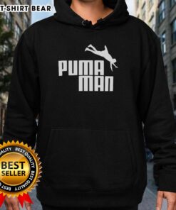 Funny Puma Man logo parody hoodie featuring a playful design in vibrant colors for casual streetwear enthusiasts.