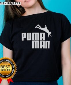 Alt Text: Funny Puma Man logo parody on a stylish ladies tee, perfect for casual wear and humor enthusiasts.