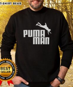 Funny Puma Man logo parody sweatshirt featuring a playful design for casualwear enthusiasts and humor lovers.
