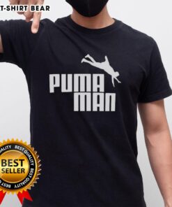 Funny Puma Man logo parody T-shirt featuring a humorous twist on the iconic sportswear brand's design.