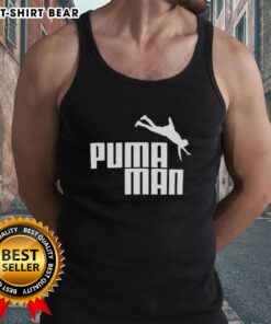 Alt Text: Funny Puma Man logo parody tank top design featuring a playful twist on the classic athletic brand logo.