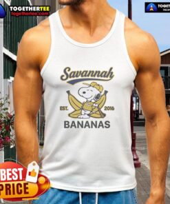 Alt Text: Funny Snoopy lying on a banana, wearing a Savannah Bananas outfit, showcasing a playful tank top from 2016.