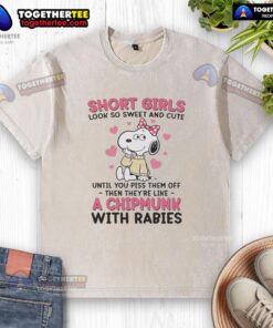 Alt Text: Cute Snoopy wearing a pink bow on a washed t-shirt, showcasing a fun design perfect for short girls' playful style.