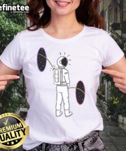 Funny space portal astronaut peeing on a ladies' tee, showcasing a humorous design for cosmic-themed apparel.