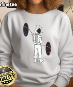 Funny space portal sweatshirt featuring an astronaut humorously peeing in zero gravity, perfect for space enthusiasts.