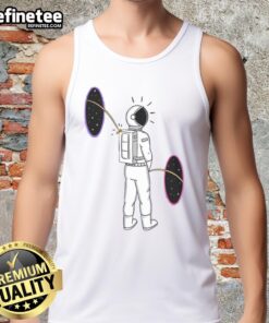 Funny space portal with an astronaut in a tank top humorously peeing into the cosmos, adding a whimsical touch to space exploration.
