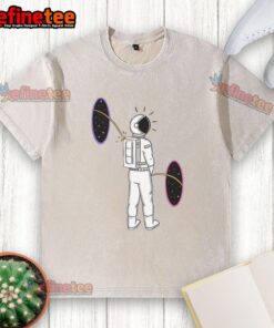 Funny space portal scene featuring an astronaut peeing while wearing a washed T-shirt, adding humor to cosmic adventures.