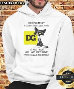 Funny tired cat wearing a grumpy hoodie with text 'Dont Piss Me Off, Im a Dollar General Woman' humorously defiant.
