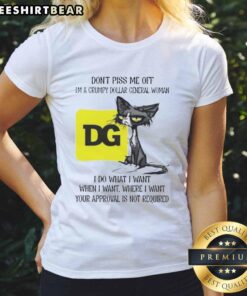Grumpy cat with a sassy expression, wearing a 'Dollar General Woman' tee, showcasing a funny and tired vibe.
