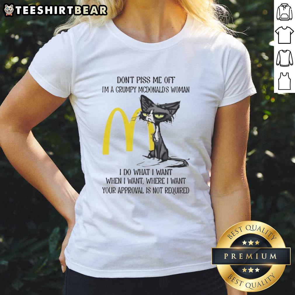 funny-tired-cat-dont-piss-me-off-im-a-grumpy-mcdonalds-woman-i-do-what-i-want-ladies-tee Alt Text: Grumpy cat wearing a McDonald's themed shirt, showcasing a funny and tired expression, perfect for a humorous tee.