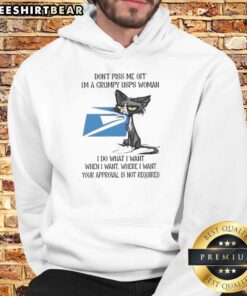 Alt Text: Grumpy cat wearing a hoodie with Don't Piss Me Off slogan, showcasing a humorous take on tired USPS workers.