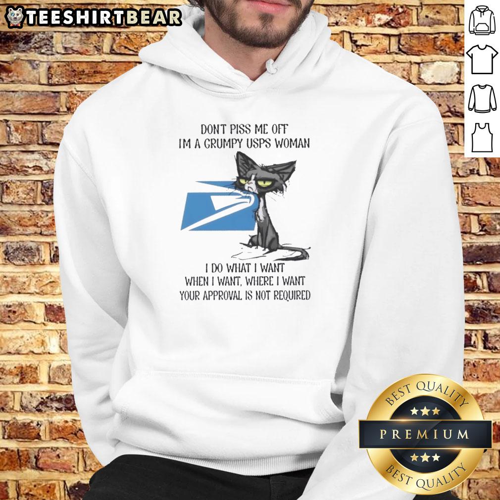 funny-tired-cat-dont-piss-me-off-im-a-grumpy-usps-woman-i-do-what-i-want-hoodie Alt Text: Grumpy cat wearing a hoodie with Don't Piss Me Off slogan, showcasing a humorous take on tired USPS workers.